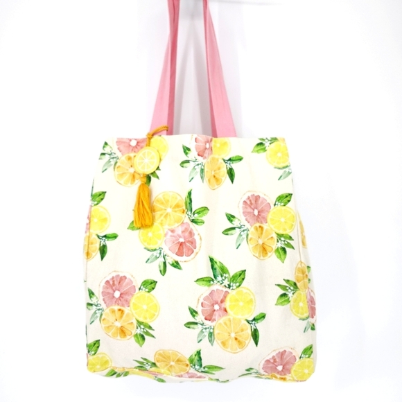 Cotton Canvas Citrus Tote Bag Pink Yellow Lemon Tassel Preppy‎ Spring Summer - Picture 1 of 8